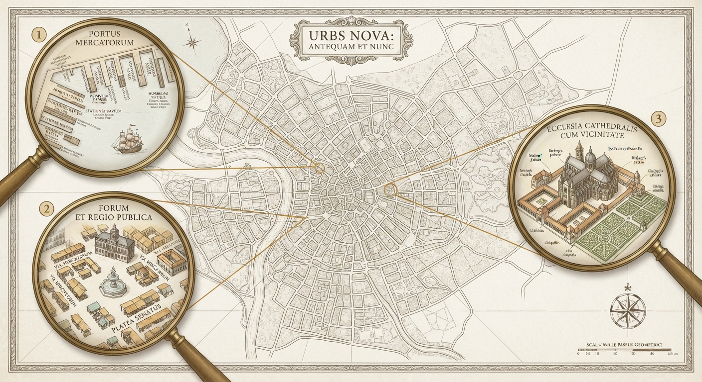 An annotated map with magnified detail insets, tracing a route through named districts