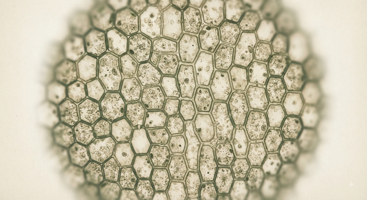 Magnified plant cell structure, its walls forming a natural lattice, echoing the coordinate grid at cellular scale