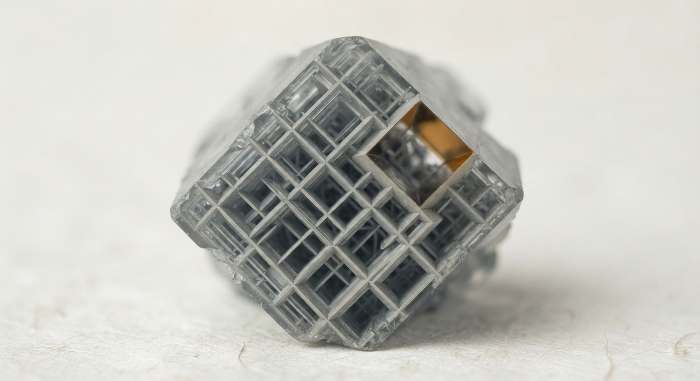A crystal lattice structure, its internal grid exposed at a cut face, as a visual analogue for a coordinate system