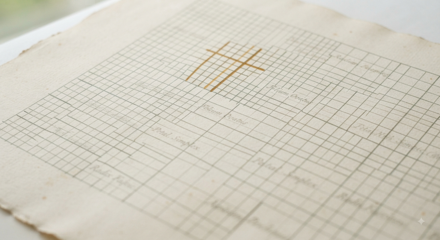 A hand-drawn taxonomic manuscript ruled into a coordinate grid, in the botanical-classification register Systems Economics draws from