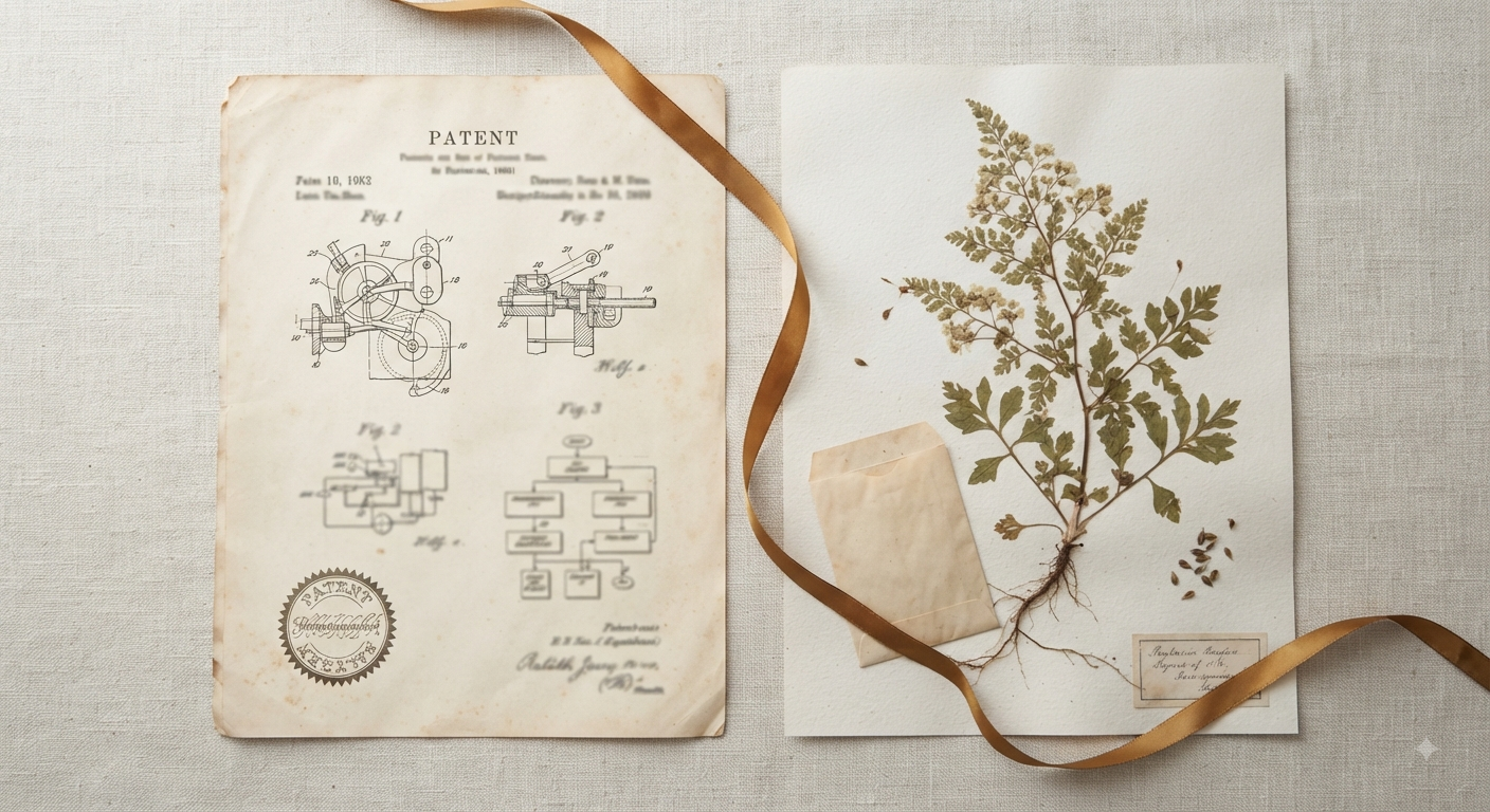 A herbarium specimen sheet laid beside a patent document, evoking careful specimen-like classification set against the boundary of a formal claim