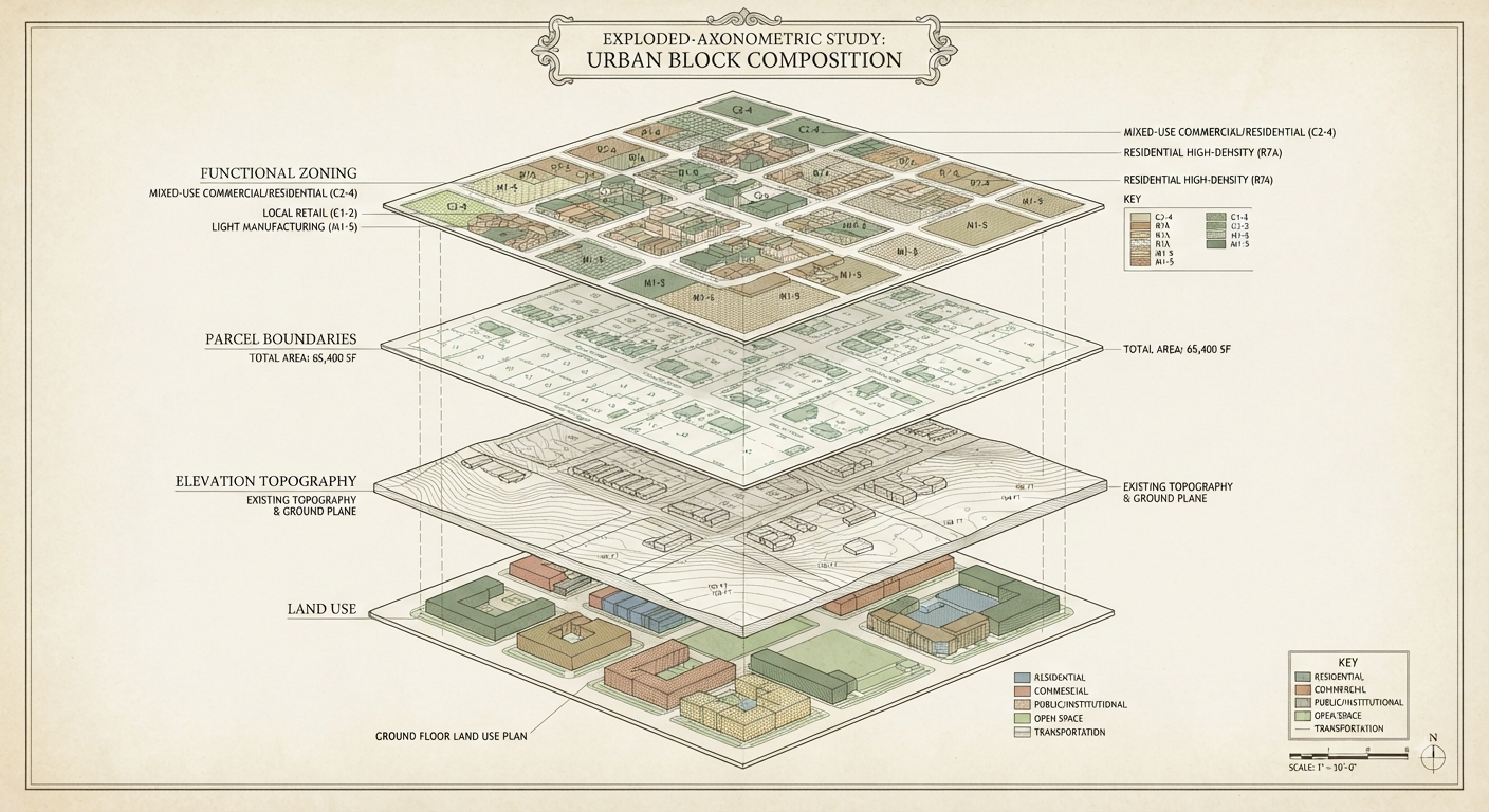 An exploded axonometric study of a city block, its zoning, parcels, and topography peeled apart into separate coordinate layers
