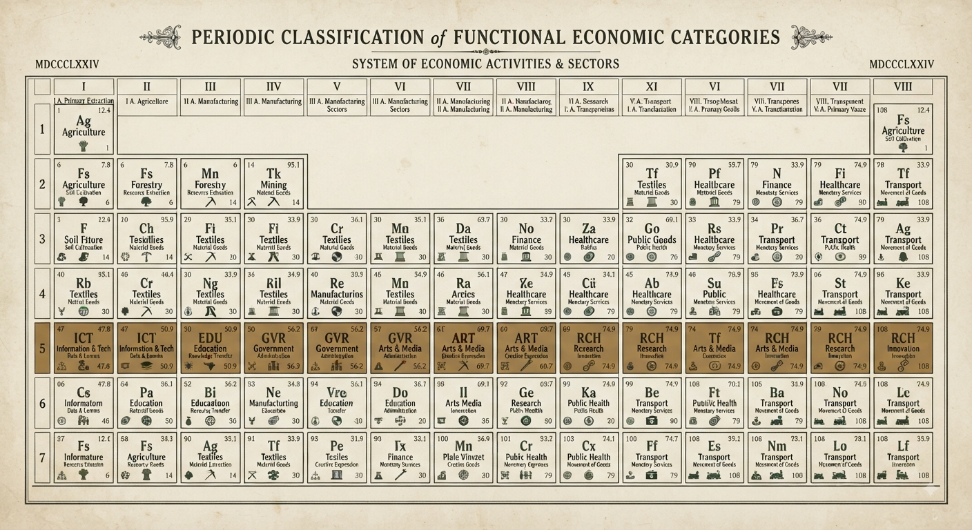 A periodic-table-style grid classifying economic functions into ordered cells, echoing the periodic table of elements