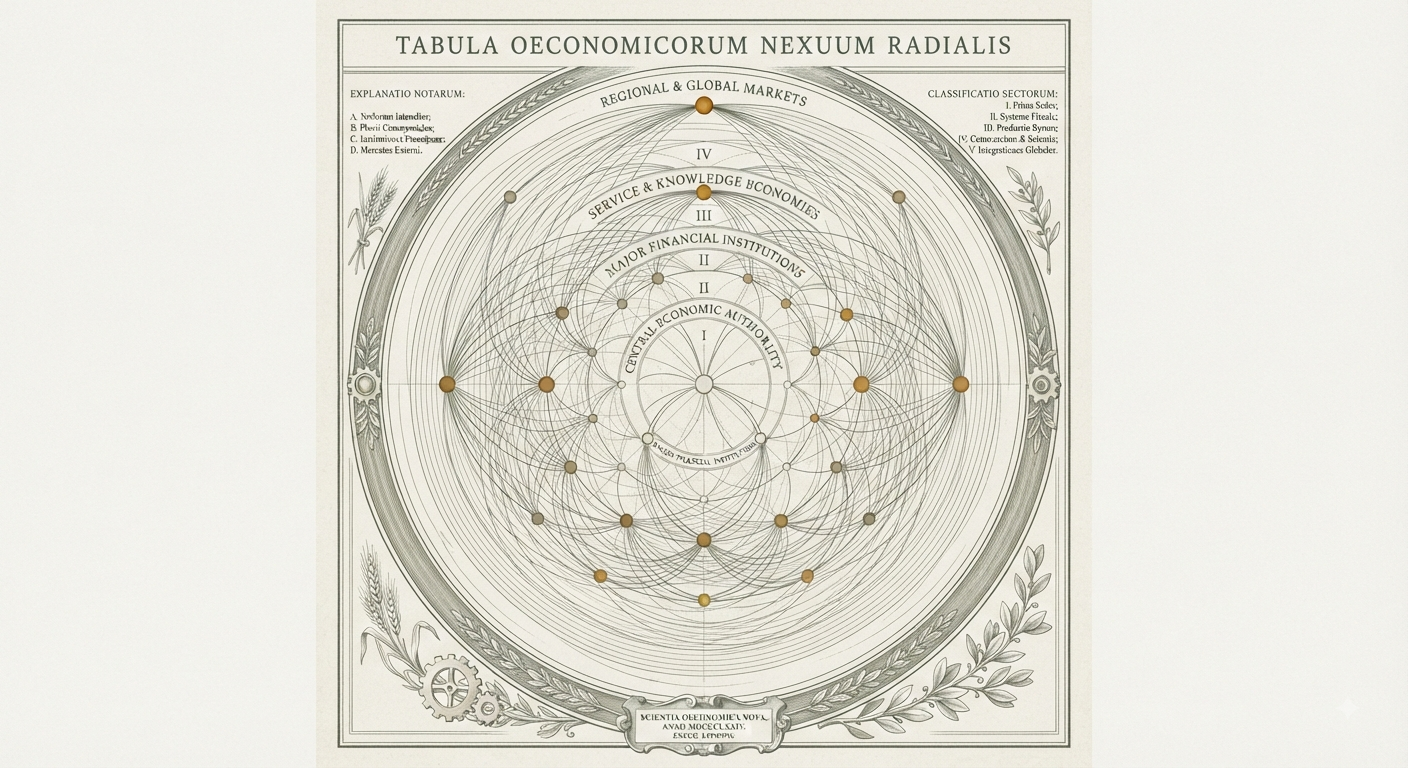 An antique-style radial diagram charting economic relationships across markets, institutions, and sectors